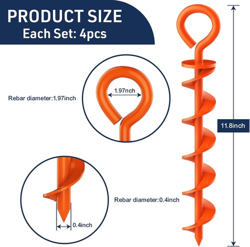 Eurmax USA Canopy Tent Stakes - Durable Corkscrew Shape Steel with Installation Tool & 4 Wind Ropes | Set of 4 (Orange)
