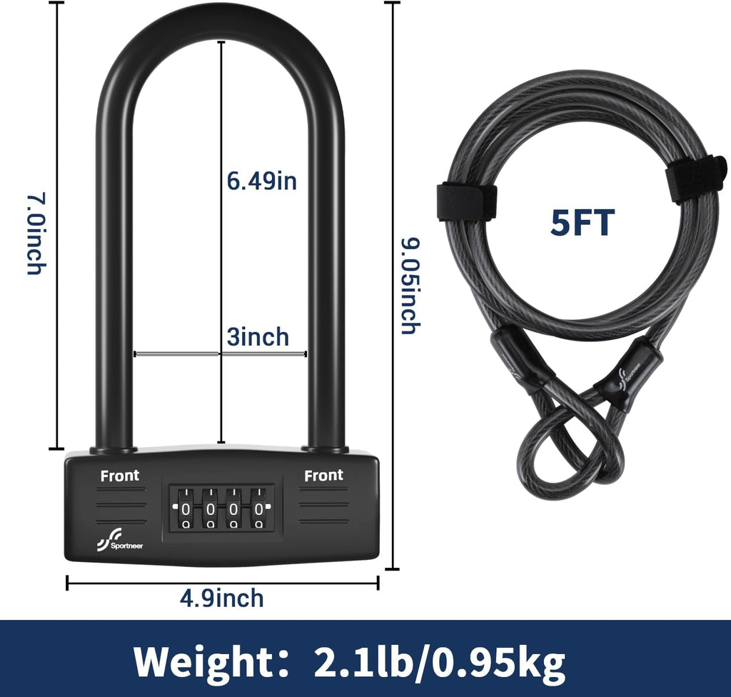 Sportneer Bike Lock - 14mm Keyless Combination U-Lock with 5ft Security Cable | Heavy-Duty Anti-Theft Design, 9.05''x4.9''