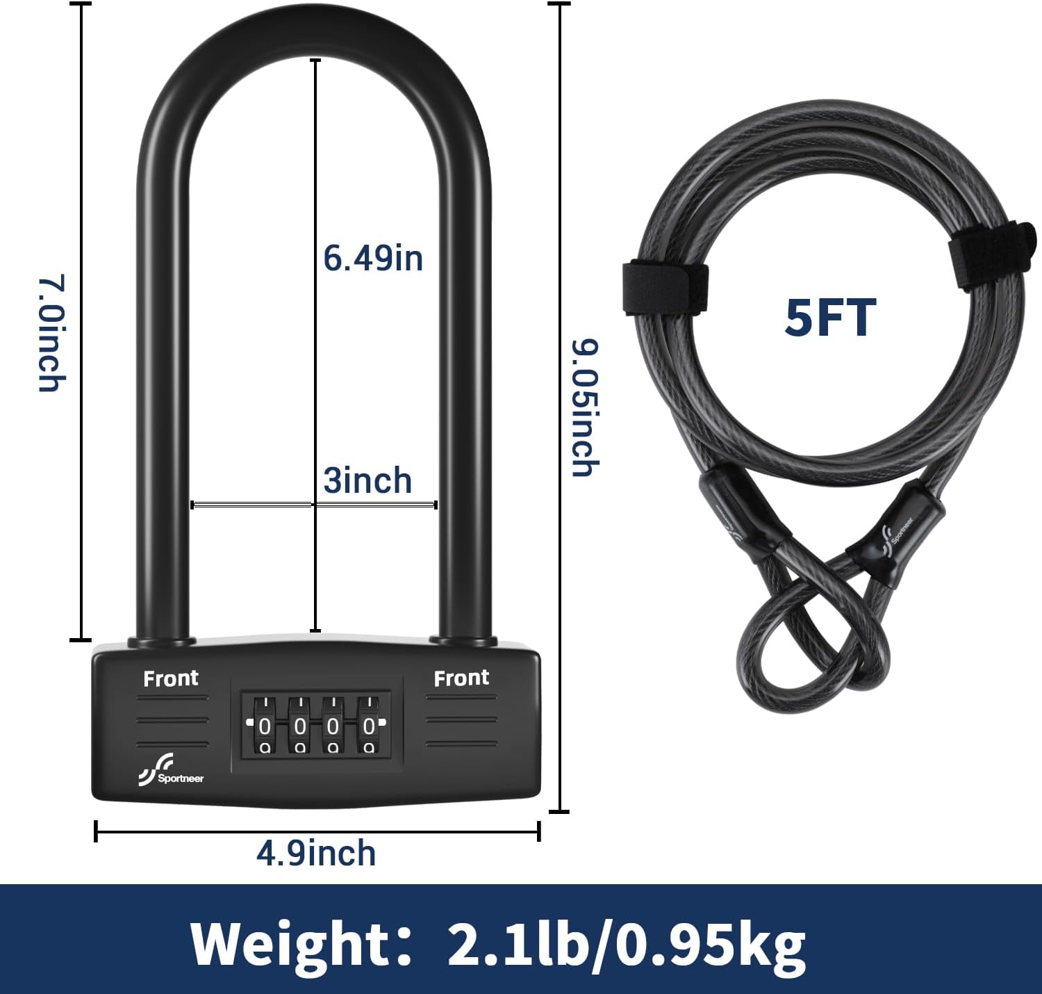 Sportneer Bike Lock - 14mm Keyless Combination U-Lock with 5ft Security Cable | Heavy-Duty Anti-Theft Design, 9.05''x4.9''