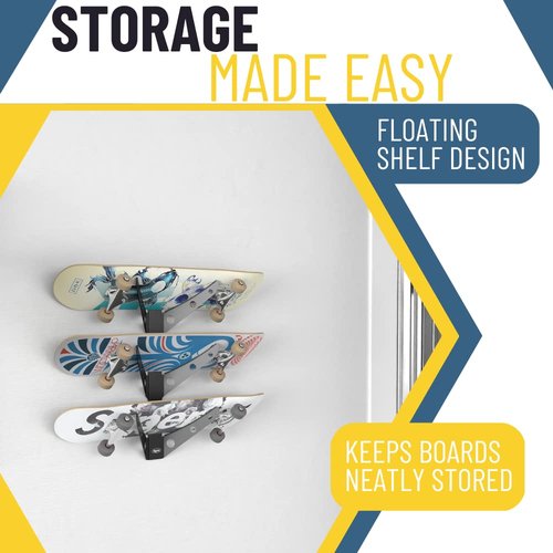 Koova 3 Skateboard Wall Mount Rack Holder | Creative Deck Display | Home or Garage Longboard Storage | Scooter Hanger | Easy Install - Hardware Incl. | Heavy Duty Powder Coated Steel Frame | USA Made