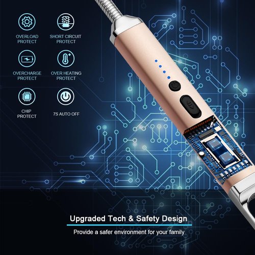 SUPRUS Rechargeable USB Arc Electric Lighetrs with Safety Switch 360° Flexible Neck Flameless Grill Long Lighters for Candle Camping Cooking (Champagne Gold, 2Packs)
