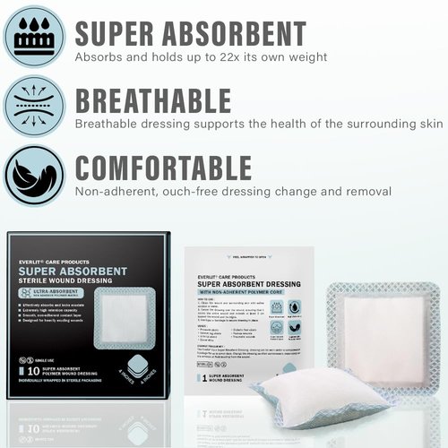 EVERLIT Super Absorbent Dressing for Wound Care | Nonstick Soft Surgical Gauze Pad for Heavily Exuding Wounds | Large Sterile Non-Adhesive Bandage for Fast Healing Wound Care | Pack of 10 (4" x 4")