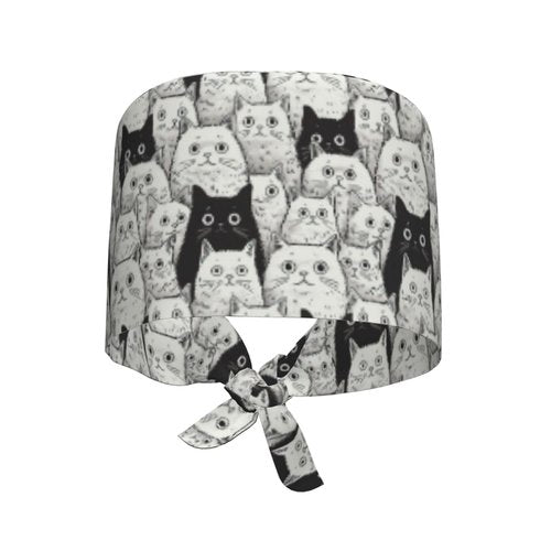 Black and White Cat Working Cap Scrub Cap with Sweatband Adjustable Unisex Men Women Tie Back Hat Nurse Surgical Caps