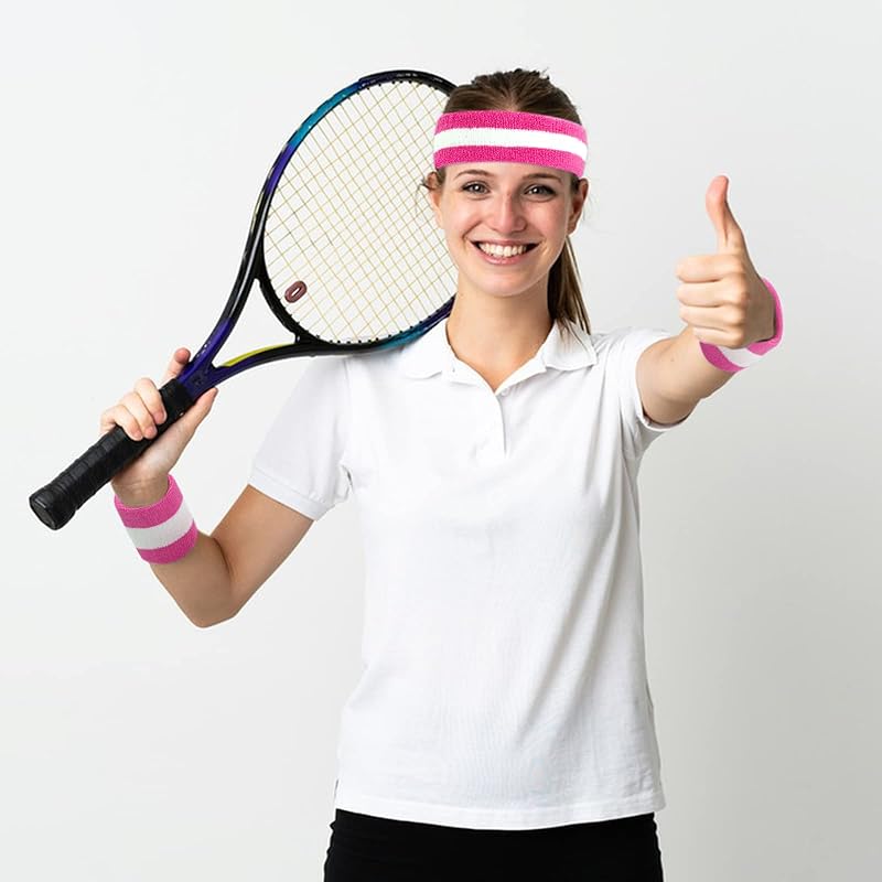 ONUPGO Sweatbands Set – Neon Headband & Wristbands for Men Women, 3-Piece Pink/White/Pink