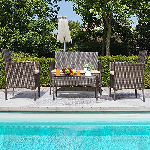 Outdoor Patio Furniture 4-Piece Conversation Set with Cushions - Black and Beige