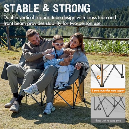 Portal Pure Grey Double Camping Chair, 2 Person Folding Loveseat with Padded Cushions & Cup Holders