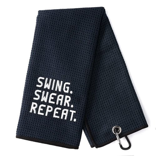 DYJYBMY Swing Swear Repeat Funny Golf Towel, Embroidered Black Golf Towel with Clip, Perfect Golf Birthday Gifts for Husband, Dad, Wife, Mom