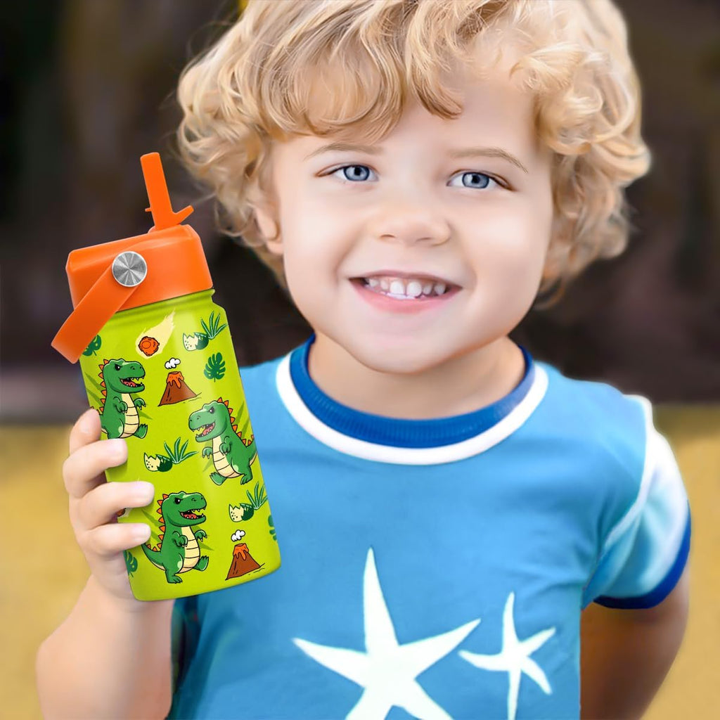 Skiennix Dinosaur Water Bottle - Insulated 12 Oz Stainless Steel T-Rex Cup with Straw Lid for Kids