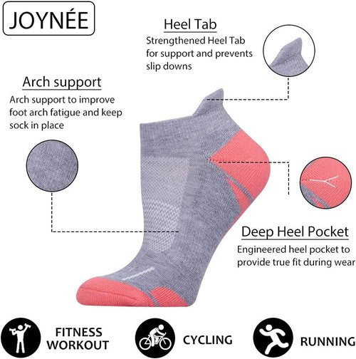 JOYNÉE Women's Cushioned Ankle Athletic Socks - Low Cut Running Socks | 6 Pack