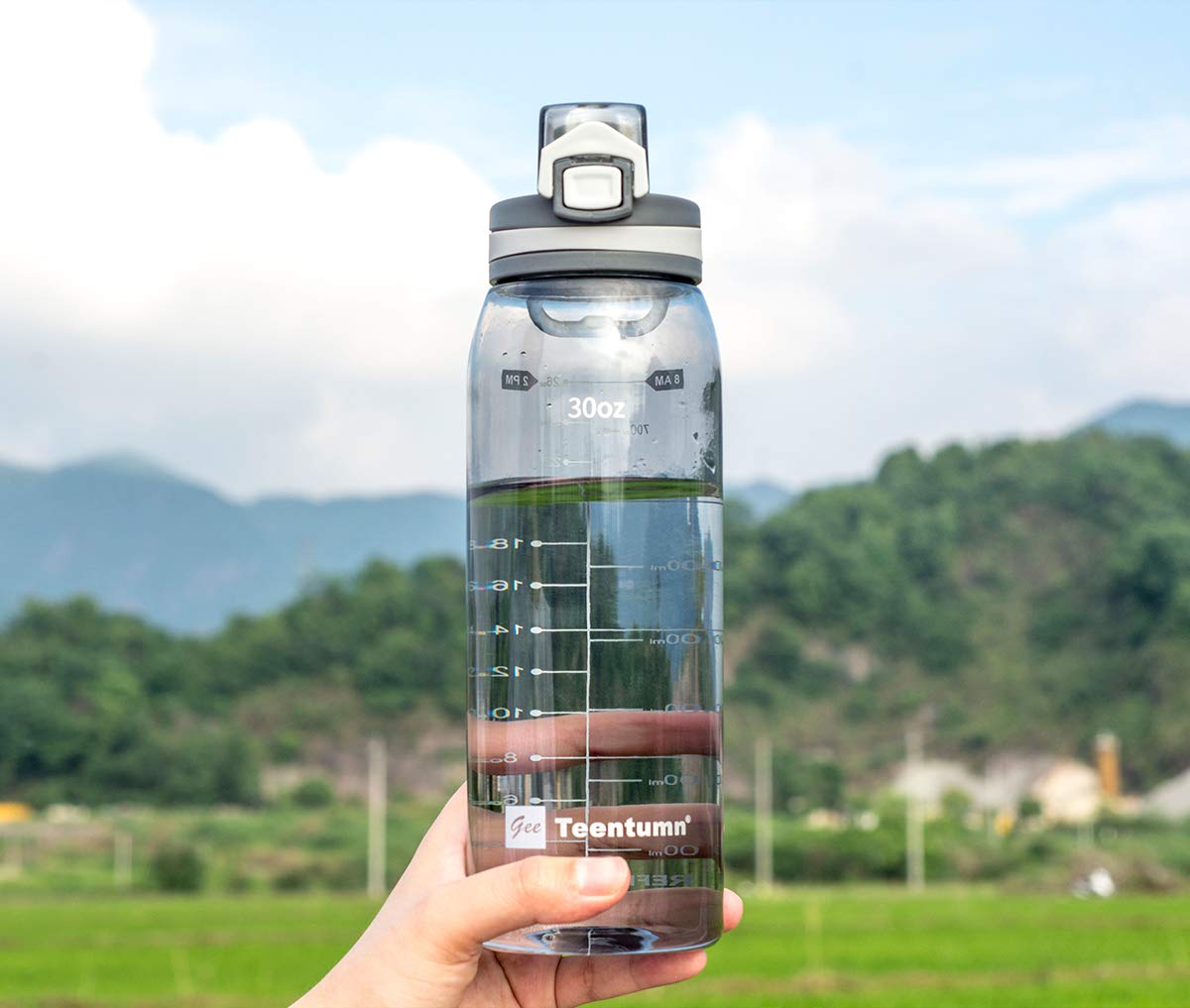 Teentumn 30oz Sport Water Bottle with Time Markers, Large Durable Gym Plastic Bottle Tritan BPA Free for Fitness, Outdoor Enthusiasts, Leakproof Clear Gray (Pack of 1)