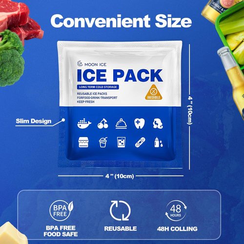 Blue Ice Packs for Coolers, Shipping and Lunch Box | Cold for Up to 48 Hours | Slim Size Long-Lasting Reusable Ice Pack | Gel Freezer Packs for Camping, Beach, Fishing, Shipping Food (4" X 4" 48pcs)