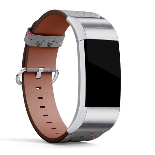 Compatible with Fitbit Charge 2 - Leather Wristband Bracelet Replacement Accessory Band (Includes Adapters) - Pink Flamingo Birds
