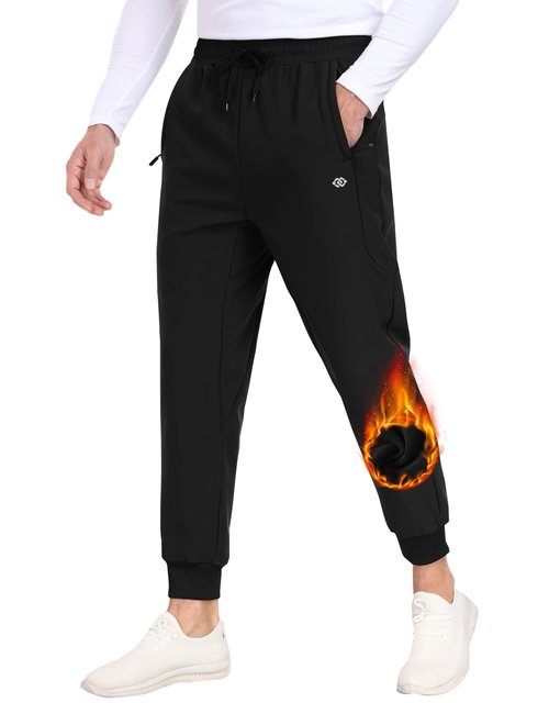 MoFiz Men's Fleece Snow Pants Winter Hiking Windbreak Water Resistant Joggers Pants Warm Sweatpants Pants Active Men's Sweatpants Tapered 3-Zip Pockets(Black,Medium)