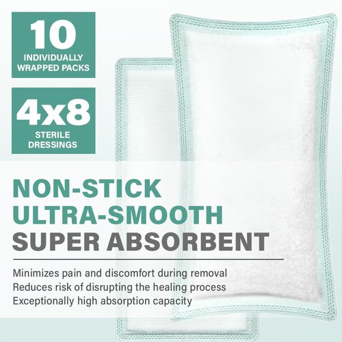 EVERLIT CARE EquiFlow Super Absorbent Dressing for Heavily Exuding Wound | Fast-Absorbing Non-Adhesive Polymer Dressing with Nonstick Gauze Pad | High Absorption & Retention | Pack of 10 (4" x 8")