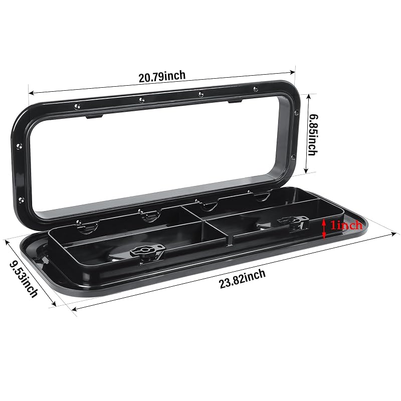 Marine Deck Access Hatch 23.9 x 9.5 in with 2 Recessed Handles – Black, 180° Hinge