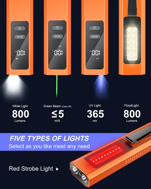DOKNAAM Rechargeable Flashlight with Green Beam, UV and White LED Combo, 800 Lumen EDC Flat Magnetic Flashlight, 4 Sources for Outdoors Emergency Working, Aluminium, with Storage Case, Orange