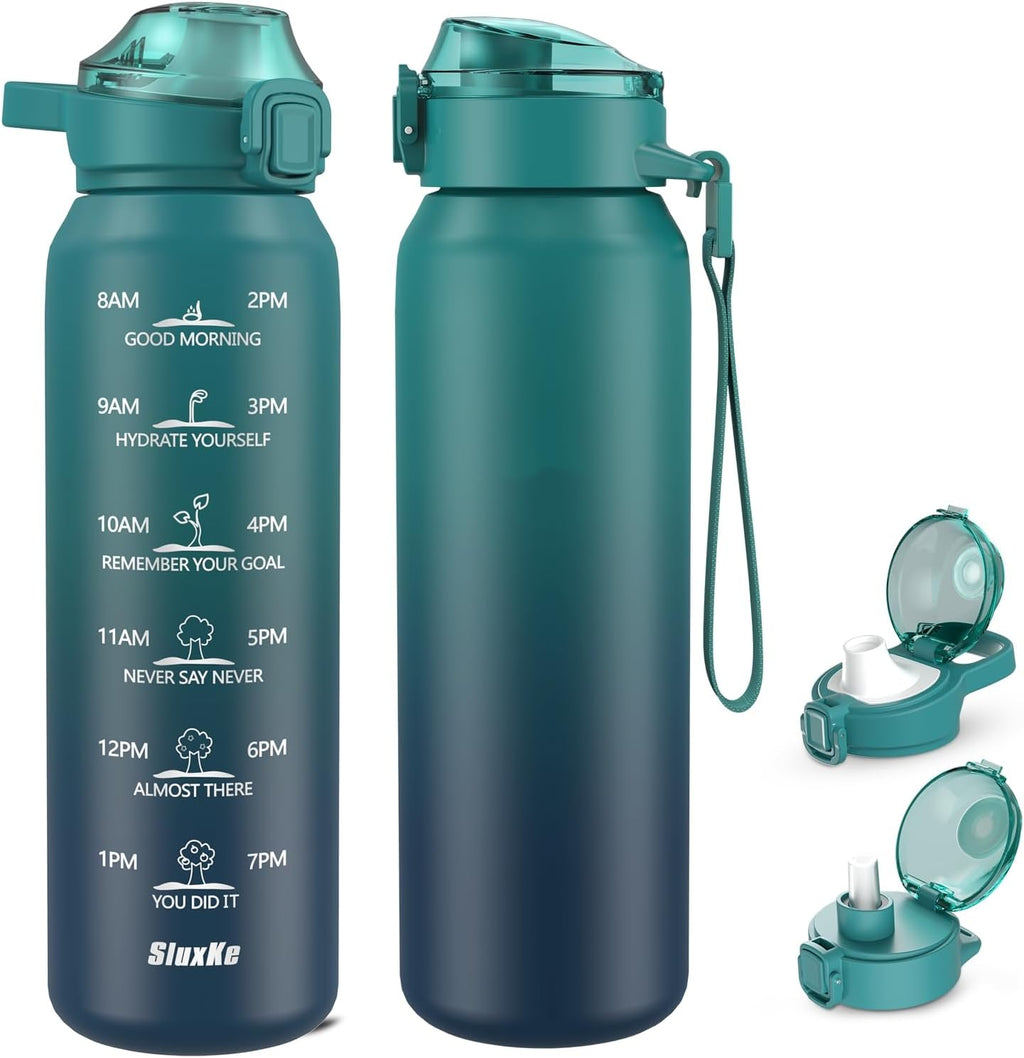 SLUXKE Insulated Water Bottle - 17oz Stainless Steel with 2 Lids | Double-Walled, Leakproof, Blue