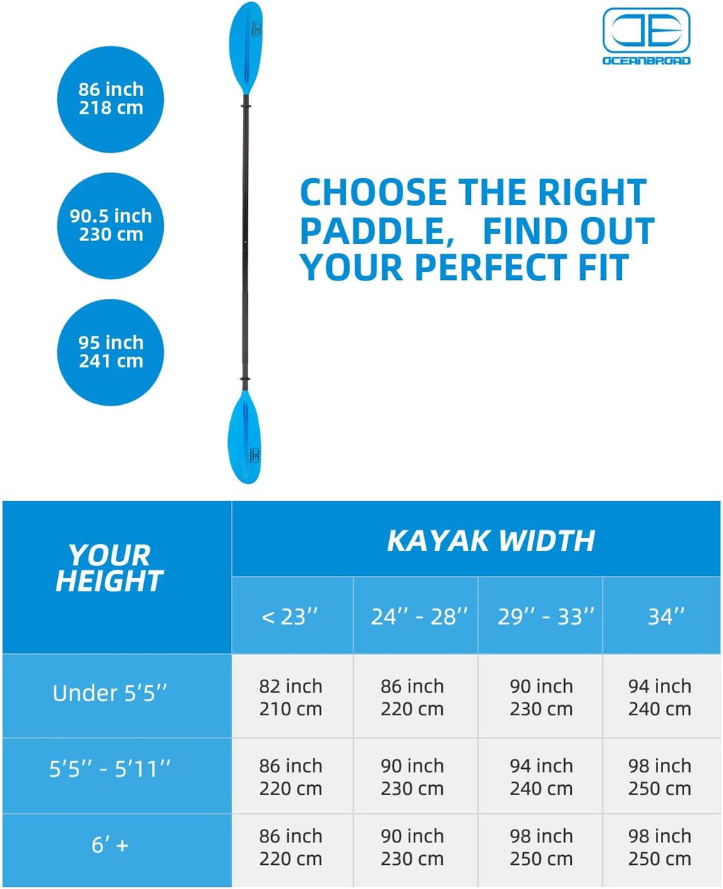 OCEANBROAD Kayak Paddle - Lightweight Alloy Shaft | 86in, 90.5in, 95in Sizes with Paddle Leash