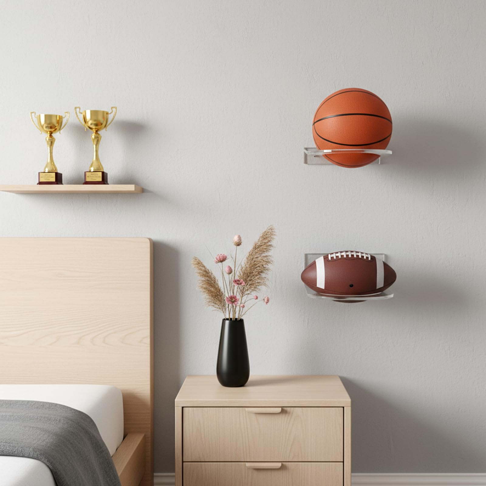 MAQUITA 4 Pcs Basketball Holder Wall Mount, Acrylic Ball Display Rack, Clear Storage Hanger for Football Soccer Volleyball Rugby
