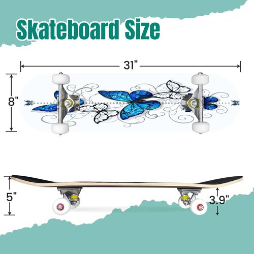 EFTOWEL Skateboards Composition of Blue Butterflies Morpho and White Butterflies on White Classic Concave Skateboard Cool Stuff Teen Gifts Longboard Extreme Sports for Beginners and Professionals