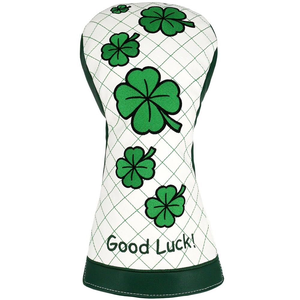PINMEI Golf Club Head Covers for Driver Headcover Embroidered Four-Leaf Clover Design Synthetic Lether Fit Most Drivers Fit for Titleist Callaway Ping Taylormade Cobra (White Good Luck Driver)