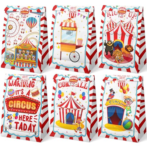 Circus Party Favor Bags - 24 Watercolor Carnival Gift Bags with Stickers