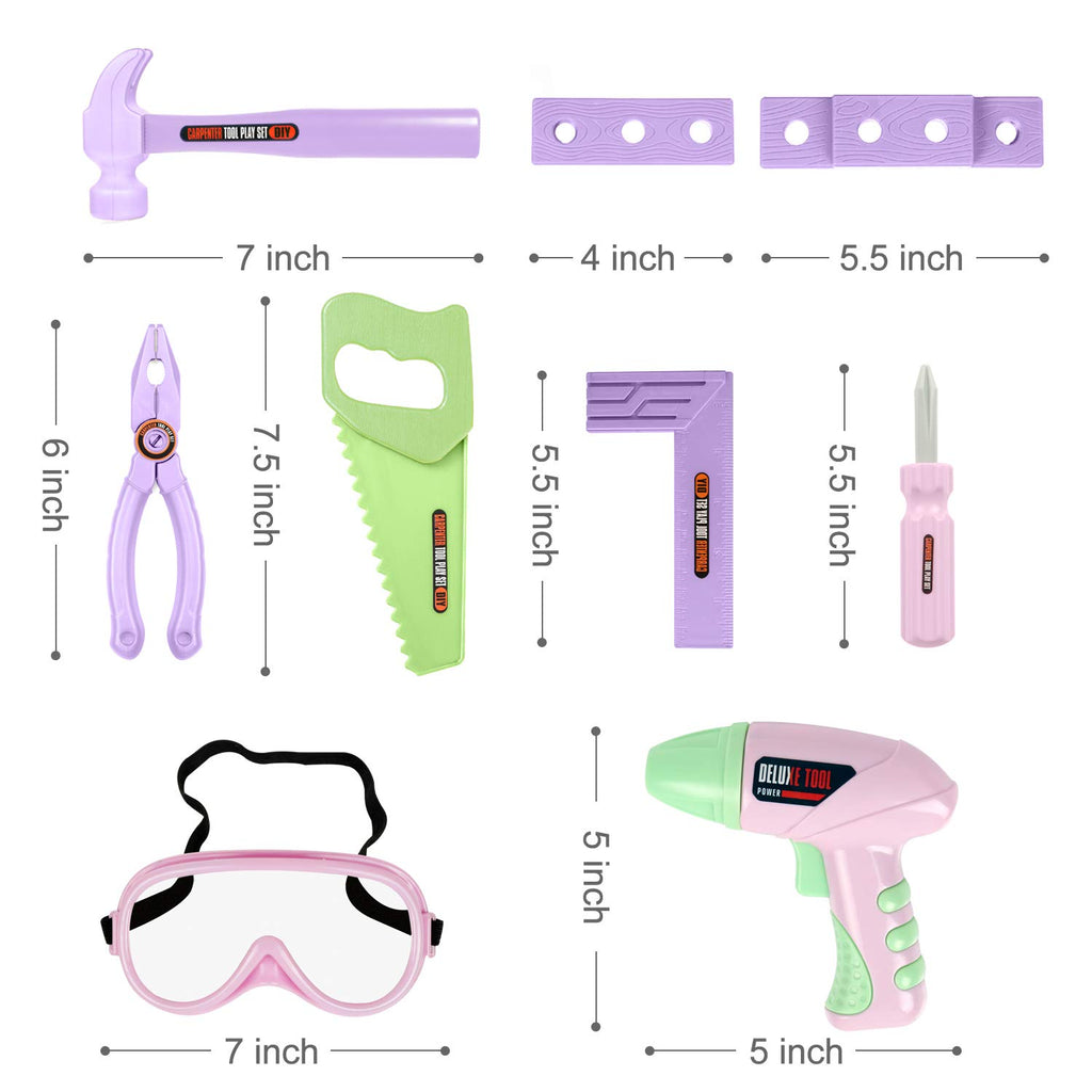Kids Tool Set - Toddler Tool Playset with Toy Drill, Toy Tool Box, Construction Tools - Pretend Play Toddler Girl Toys Gifts for Toddlers Kids Aged 3 4 5 6 (Pink Tools)