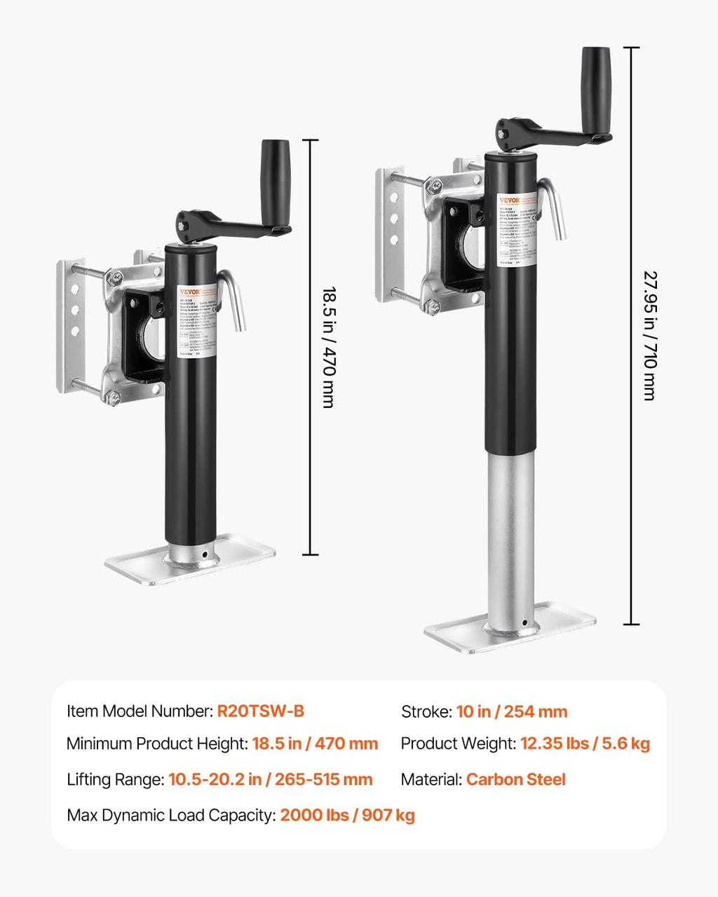 VEVOR Heavy Duty Trailer Jack - 2000 lbs Load Capacity | 10" Swivel Lift for RVs, Horse & Utility Trailers