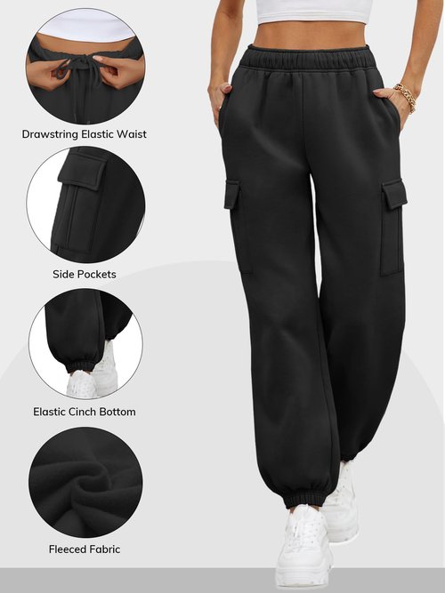 ATHMILE Womens Cargo Sweatpants Fleece High Waisted Joggers Pants Athletic Lounge Trousers with Pockets 2026 Black