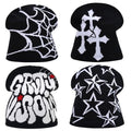 Y2K Knitted Beanies Hat Men Women Graphic Vintage Cap Gothic Warm Knitted Hat Streetwear Trend Beanie (Black)