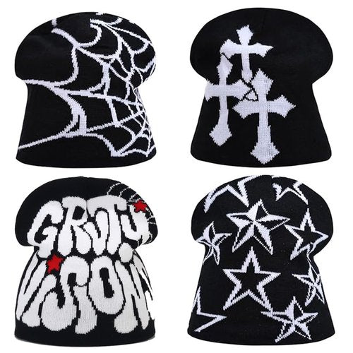 Y2K Knitted Beanies Hat Men Women Graphic Vintage Cap Gothic Warm Knitted Hat Streetwear Trend Beanie (Black)
