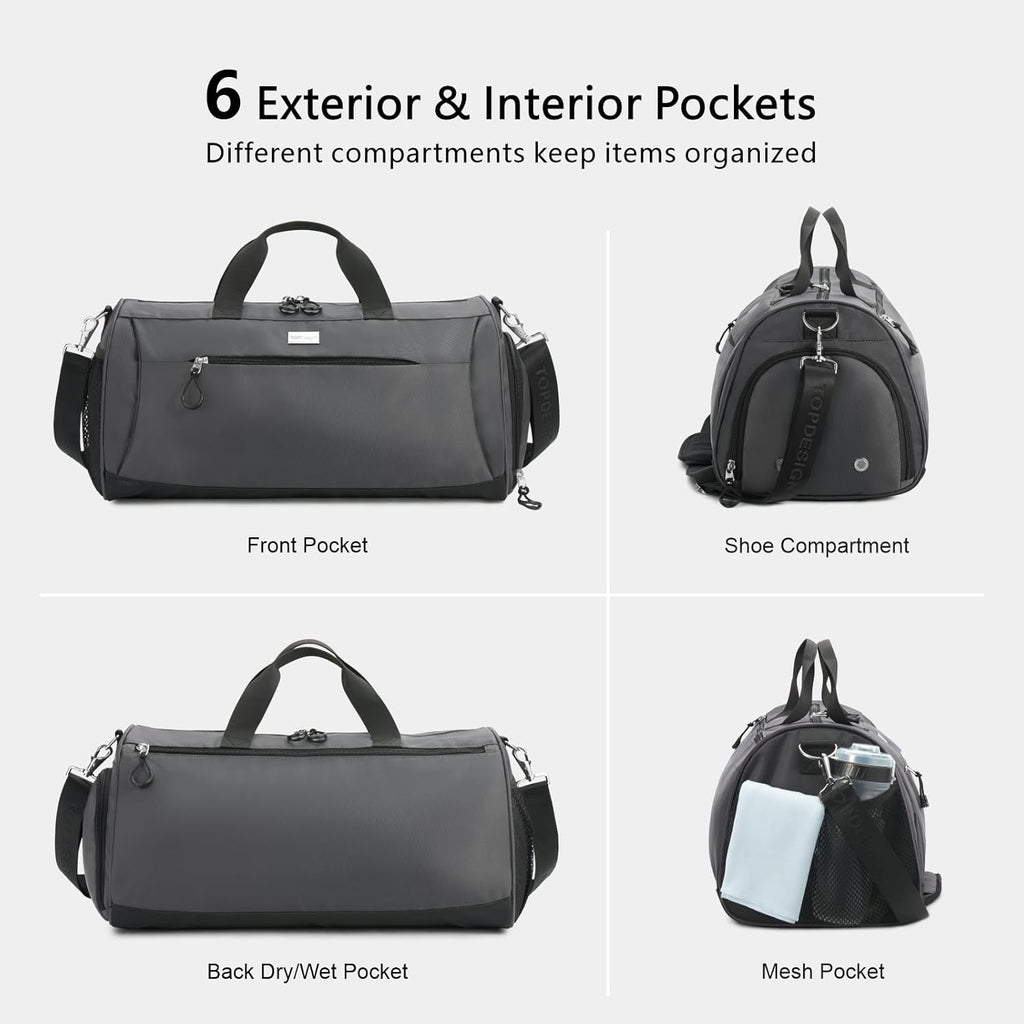TOPDesign Gym Bag - Unisex Duffel with Shoe Compartment & Wet Pocket for Travel | Large Grey