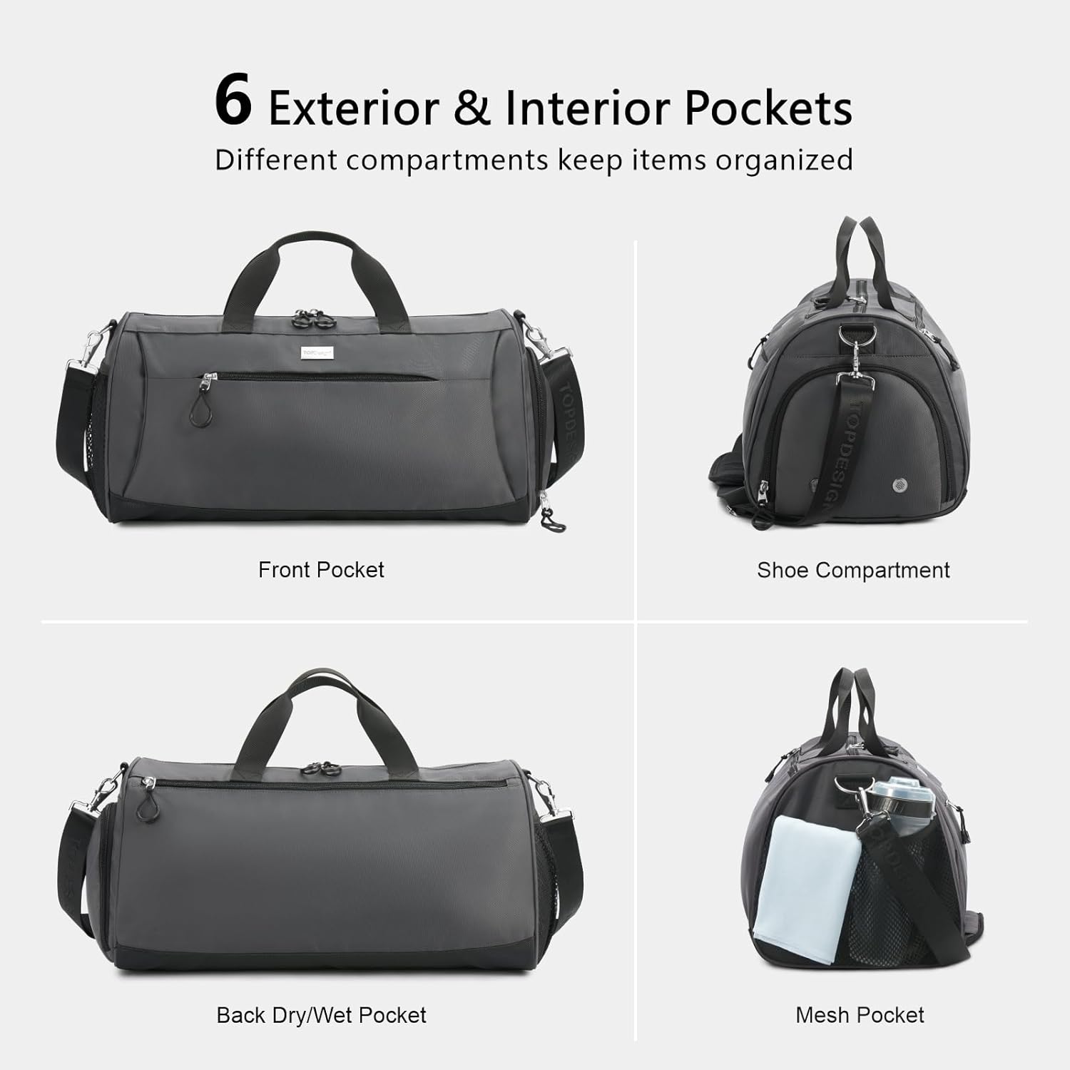 TOPDesign Gym Bag - Unisex Duffel with Shoe Compartment & Wet Pocket for Travel | Large Grey
