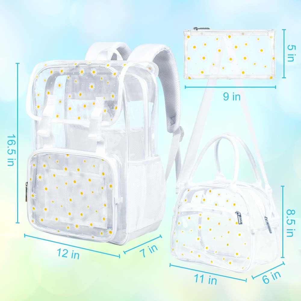 FTJCF 3PCS Clear Backpack, Heavy Duty Transparent Bookbag for Girls Women, Stadium Approved See Through Backpack Set (White Daisy)