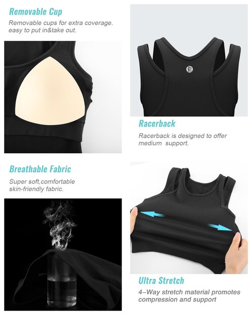 RUNNING GIRL Sports Bras for Women High Impact Seamless Ribbed Longline High Neck Workout Crop Tank Tops Padded(BX3036Black,M)
