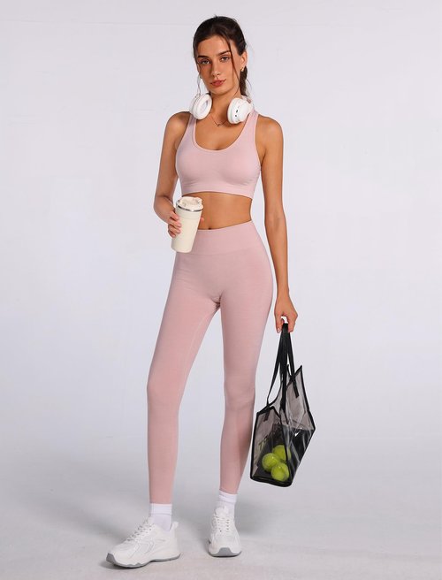 ABOCIW Workout Sets for Women Seamless High Impact Racerback Sports Bra Tummy Control Scrunch Butt High Waist Leggings 2 Piece Gym Yoga Outfits Cutout Pink Large