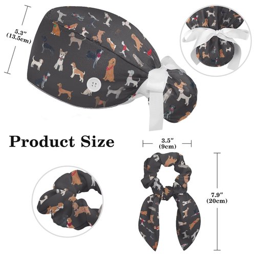 Scrub Caps Women, Surgical Caps with Buttons, Ponytail Nurse Hat, Bouffant Scrub Hats with Hair Scrunchy Adjustable Veterinary Surgery, Dogs Cartoon Animal Cute Vintage Lovely Grey