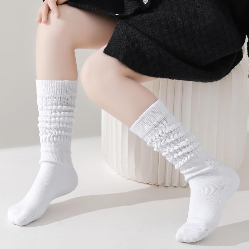 Girls Slouch Socks 3 Pairs Knee High Warm Knit Scrunch Boot Socks White