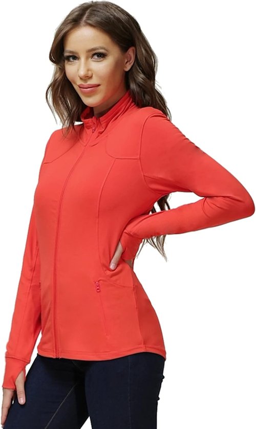 Dolcevida Women's Zip Up Running Jacket - Lightweight 4-Way Stretch Full Zip with Thumb Holes & Pockets