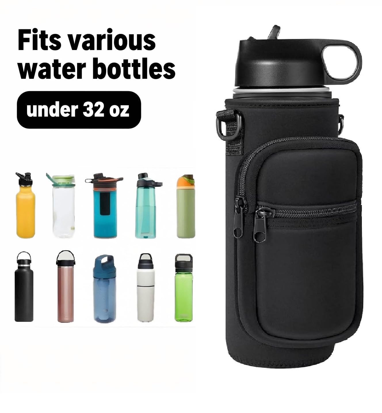 Water Bottle Holder with Strap, 32/40 oz Insulated Water Bottle Sling Bag Crossbody, Water Bottle Carrier Bag with Phone Pocket and Small Pocket for Walking Hiking Camping Fishing(3.34"W * 7.87"H)