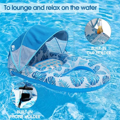 Blue Pool Lounge Float with Canopy - Extra Large Adult Inflatable Float with Cup Holder & Backrest