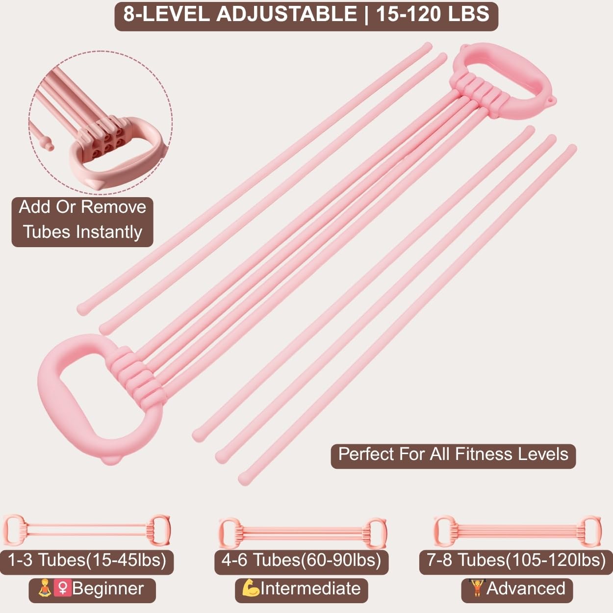 Resistance Bands with Handles - 8 Tube Adjustable Figure 8 Exercise Bands Set for Women & Men, Heavy Duty Workout Bands for Home Gym, Physical Therapy, Strength Training & Full Body Fitness