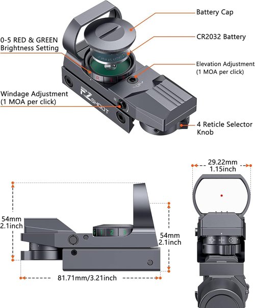 EZshoot Red Green Dot Sight - Holographic Reflex Scope with 4 Reticles & 20mm Rail Mount