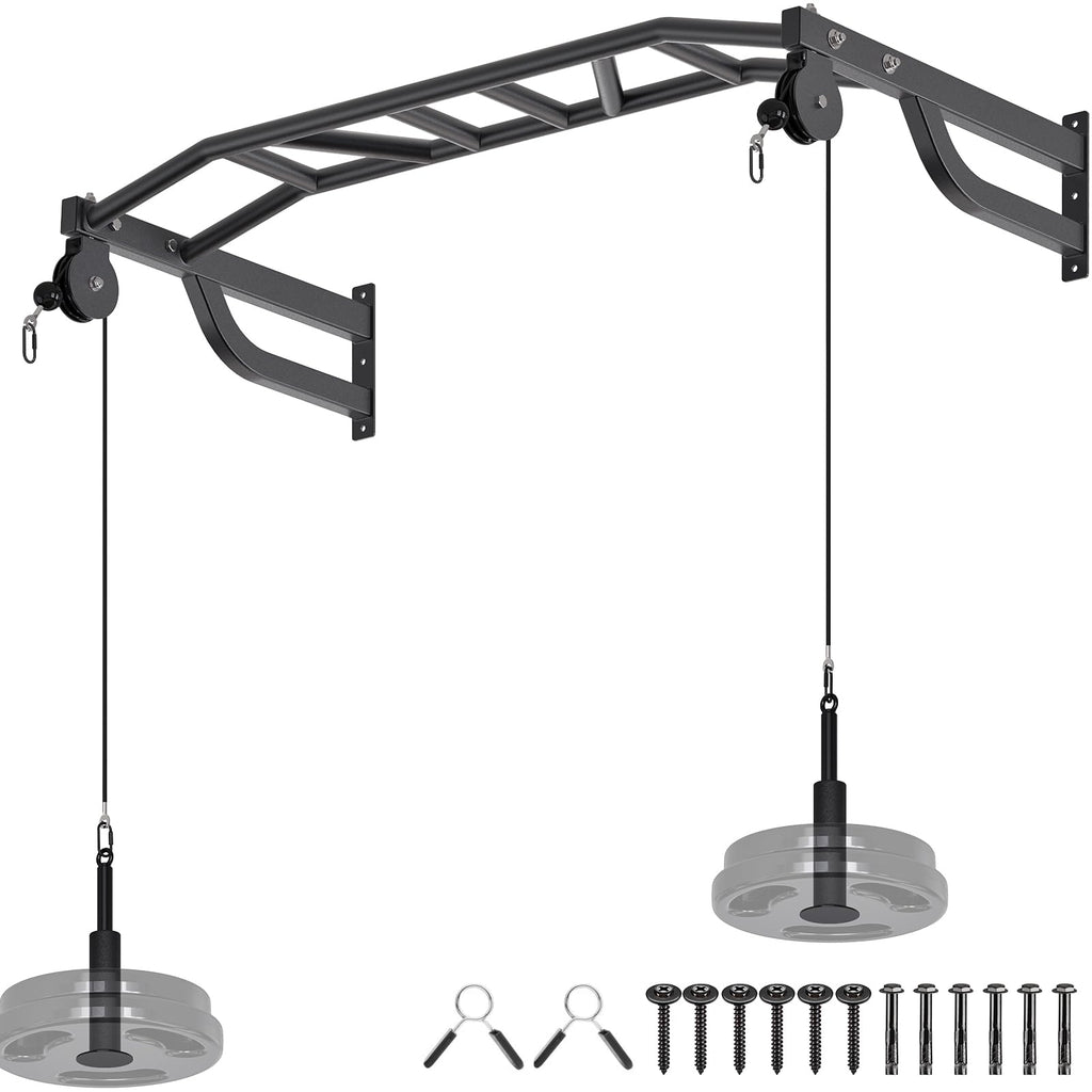 SELEWARE 48" Wall Mount Pull Up Bar with Pulley System, Heavy Duty Multi-Grip Chin Up Bar for Home Gym, 500 lbs Capacity, Fits 16" & 24" Wood Studs, Upper Body Workout Equipment for Strength Training