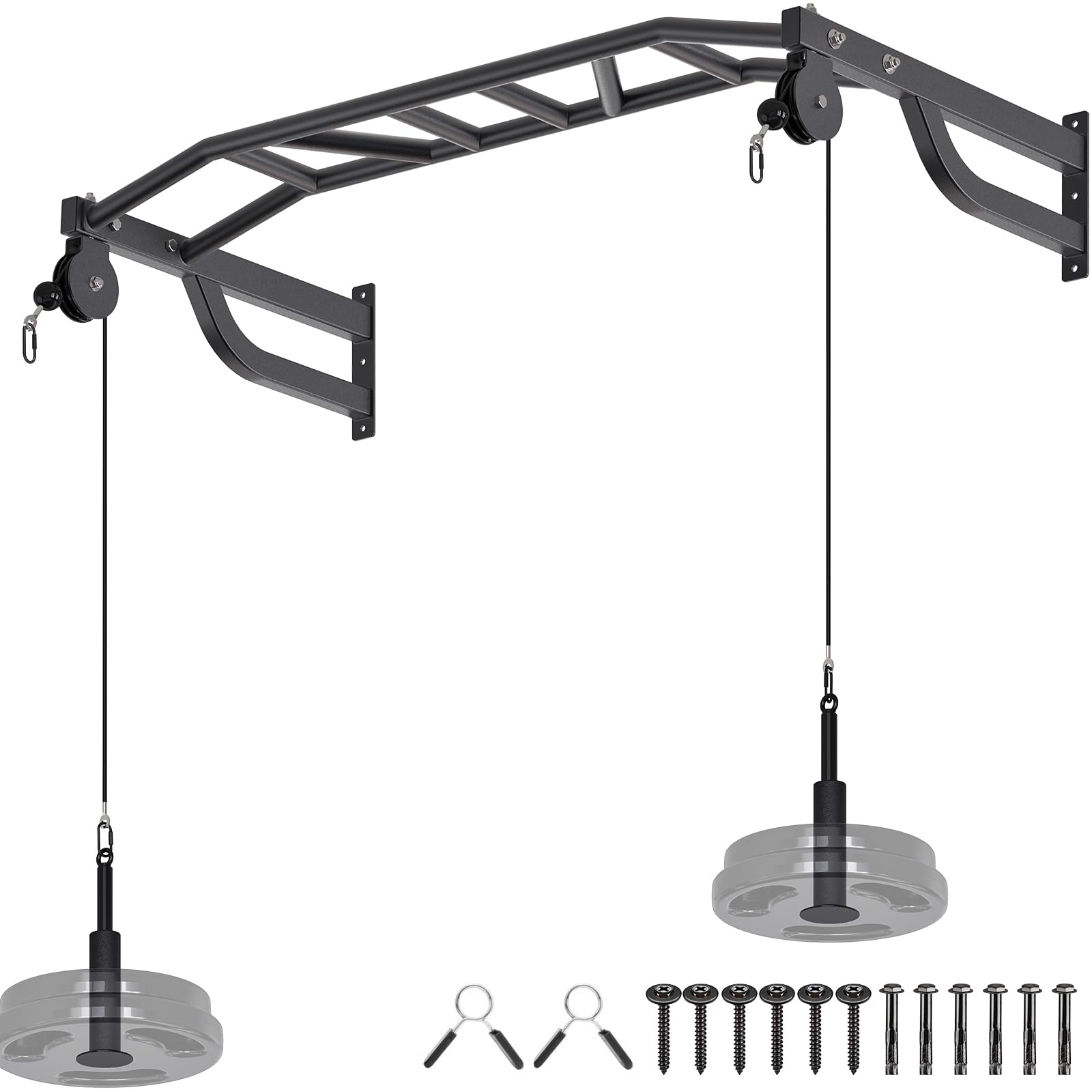 SELEWARE 48" Wall Mount Pull Up Bar with Pulley System, Heavy Duty Multi-Grip Chin Up Bar for Home Gym, 500 lbs Capacity, Fits 16" & 24" Wood Studs, Upper Body Workout Equipment for Strength Training