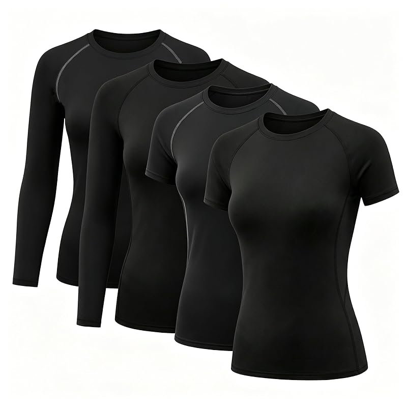 TELALEO Long Sleeve/Short Sleeve Compression Shirt for Women - 4 Pack Black, Medium