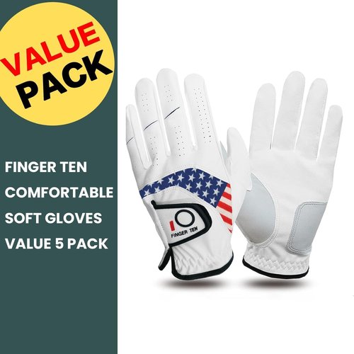 FINGER TEN Golf Gloves - Comfortable All-Weather Grip for Men | 5-Pack in Sizes S-3XL