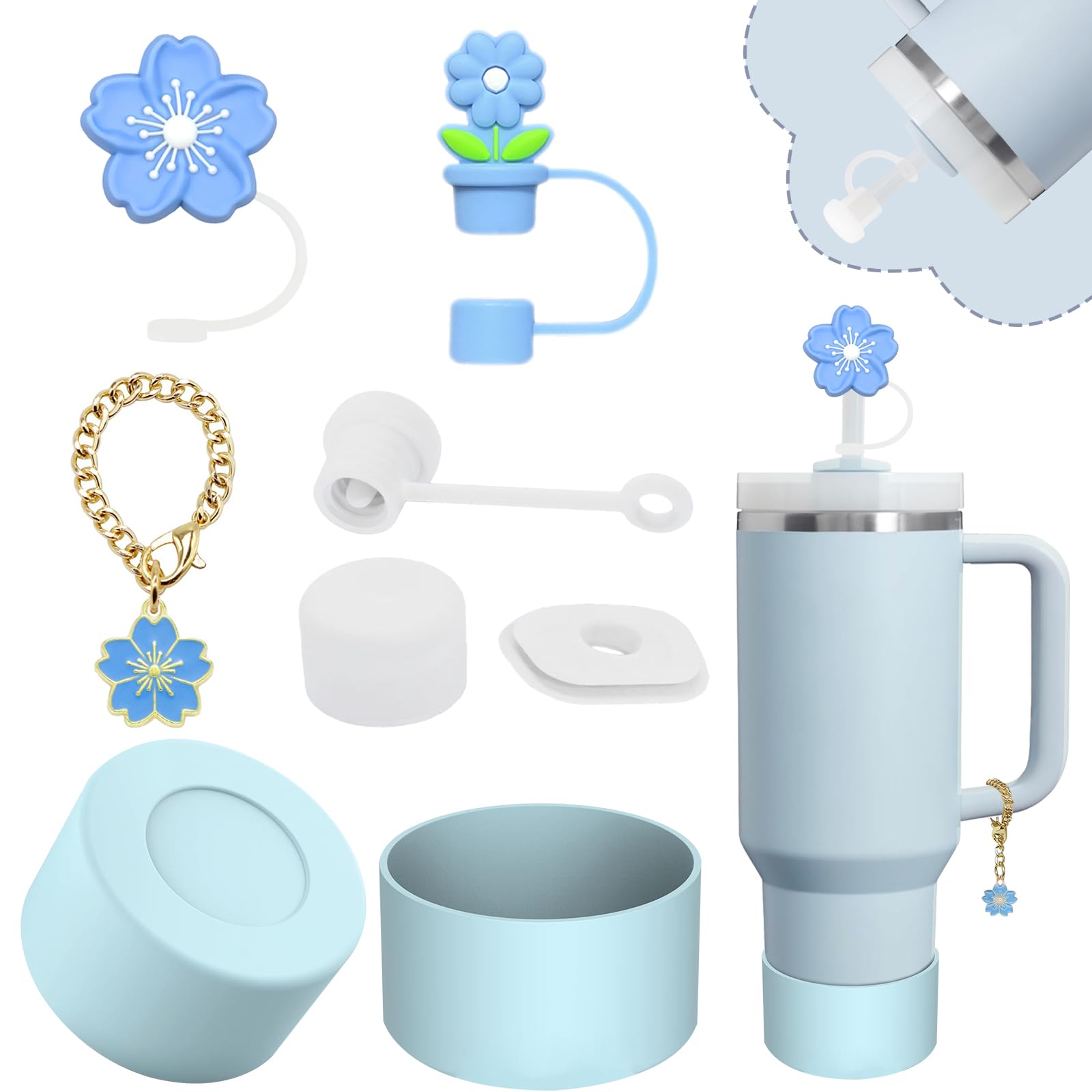 Stanley Cup Accessories Set,Including 2 Pcs 0.4in Straw Cover, 1 Silicone Spill-Proof Stopper Set of 3, 1 Cute Flower Handle Charm, 1 Silicone Boot Fits Stanley 40&30 Oz Tumbler (Blue)