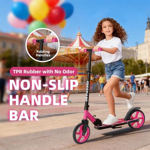 FREEDARE Kick Scooter for Kids Ages 8+, Foldable Kids Scooter with 2 Big 8-inch Wheels and 4-Level Adjustable Handlebar, Max Load 220 LBS, Pink