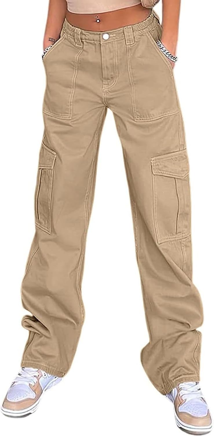 Skiennix High Waisted Cargo Pants - Casual Wide Leg Trousers with 6 Pockets | Y2K Style, Baggy Fit